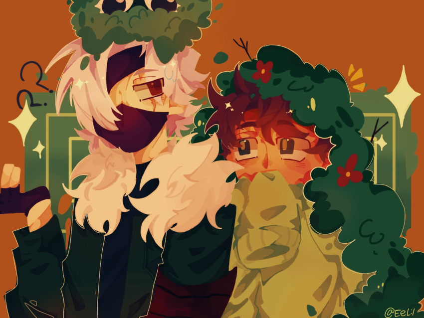 2boys, ?, bdoubleo100, bdoubleo100_(moss_boy), black_gloves, commentary, creature, dark-skinned_male, dark_skin, eel_(4452094890), ethoslab, fingerless_gloves, flower, fur_trim, glare_(minecraft), gloves, green_sweater, hair_over_one_eye, hermitcraft, highres, jacket, leaf, long_sleeves, male_focus, minecraft_youtube, multiple_boys, open_clothes, open_jacket, red_eyes, shirt, signature, sleeves_past_fingers, sleeves_past_wrists, sparkle, sweater, untranslatable_commentary, white_hair