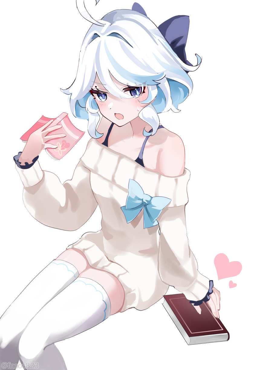 1girl, absurdres, ahoge, bare_shoulders, blue_bow, blue_hair, book, bow