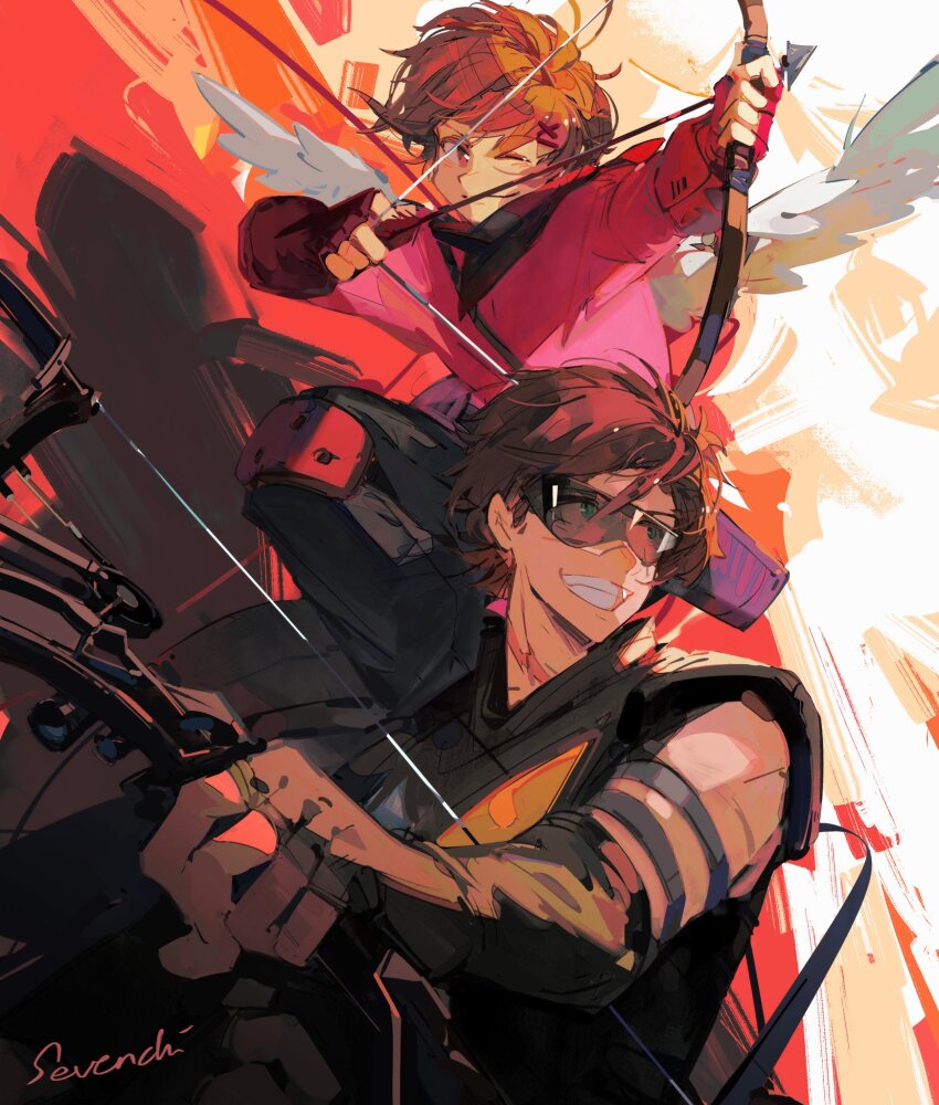 2boys, bird_boy, bird_wings, black_pants, bow_(weapon), brown_hair, closed_mouth, commentary