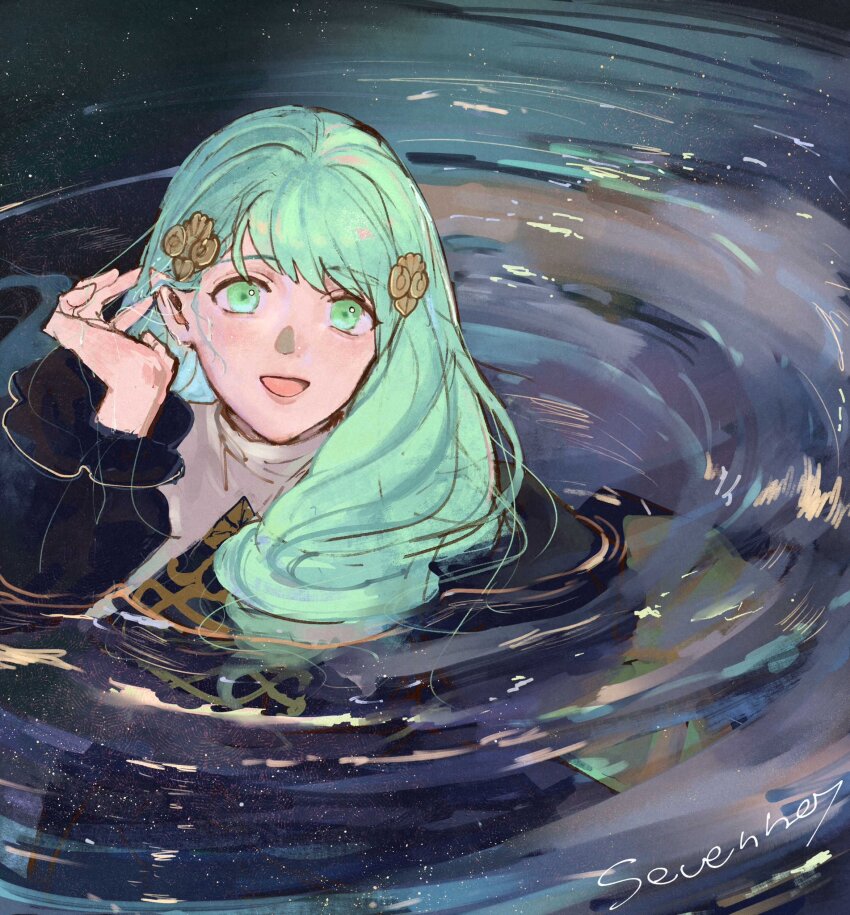 1girl, :d, drill_hair, fire_emblem, fire_emblem:_three_houses, flayn_(fire_emblem), garreg_mach_monastery_uniform, green_eyes, green_hair, hair_ornament, hand_hair, highres, looking_at_viewer, lying_on_water, nintendo, open_mouth, partially_submerged, pointy_ears, sevenney, sign, smile, solo, water