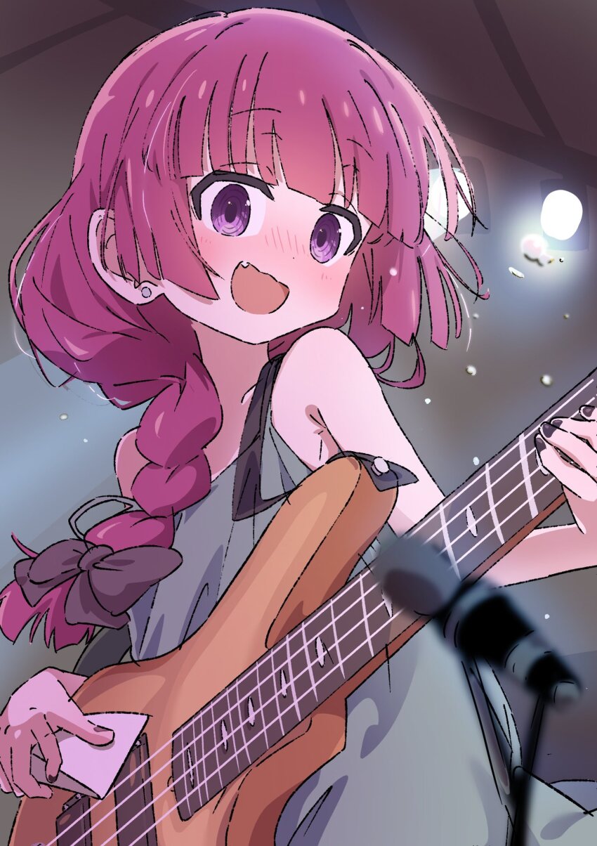 1girl, bachi, bass_guitar, black_nails, bocchi_the_rock!, braid, earrings, fang