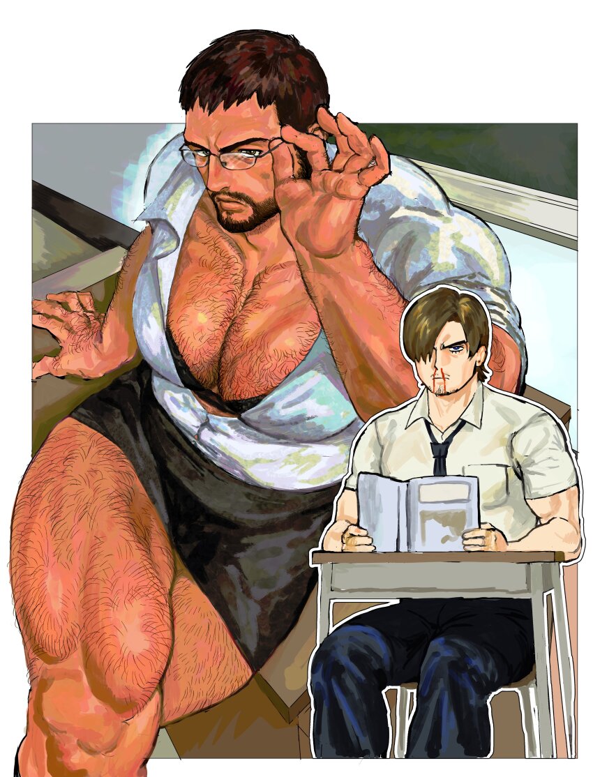 123456dyom, 2boys, absurdres, bara, black_hair, black_skirt, blood, book, brown_hair, chest_hair, chris_redfield, collared_shirt, crossed_legs, facial_hair, glasses, highres, holding, holding_book, large_pectorals, leg_hair, leon_s._kennedy, male_focus, miniskirt, multiple_boys, muscular, muscular_legs, muscular_male, necktie, nosebleed, open_book, pants, pectorals, resident_evil, resident_evil_6, school_uniform, shirt, short_hair, skirt, teacher, teacher_and_student, thighs, white_shirt, yaoi