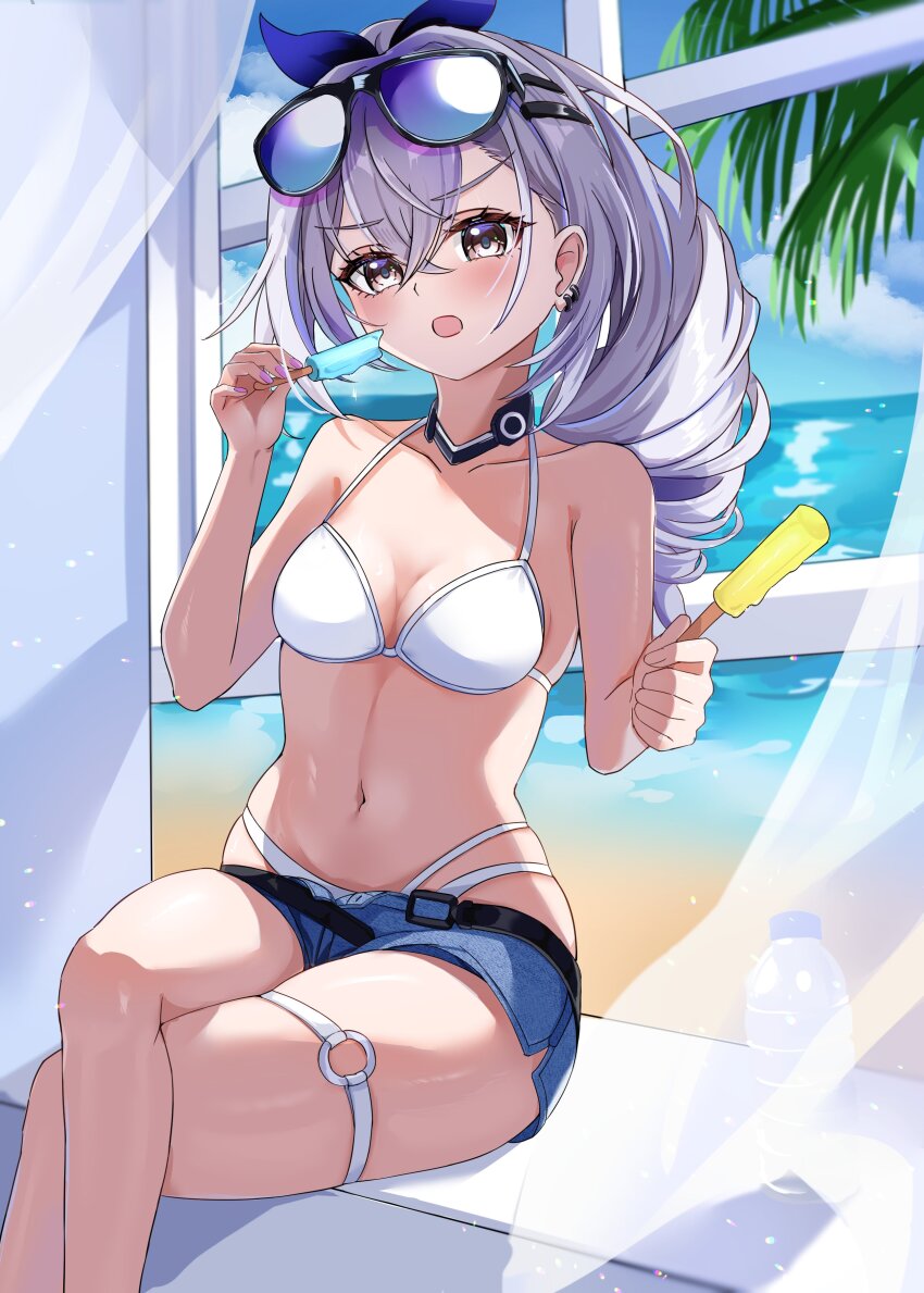 1girl, absurdres, bare_shoulders, bikini, black_choker, blush, choker, crossed_legs