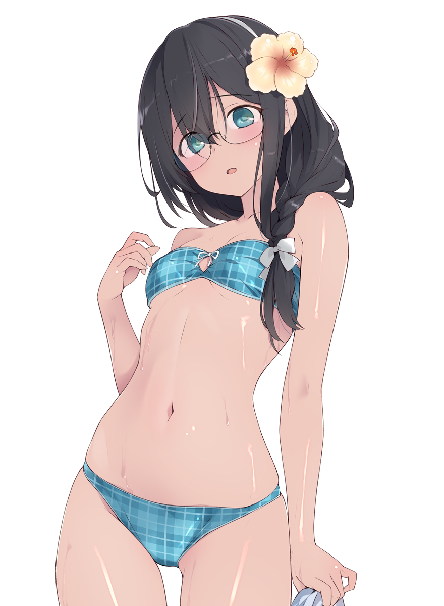 1girl, bikini, black_hair, blue_bikini, braid, breasts, cowboy_shot, flower