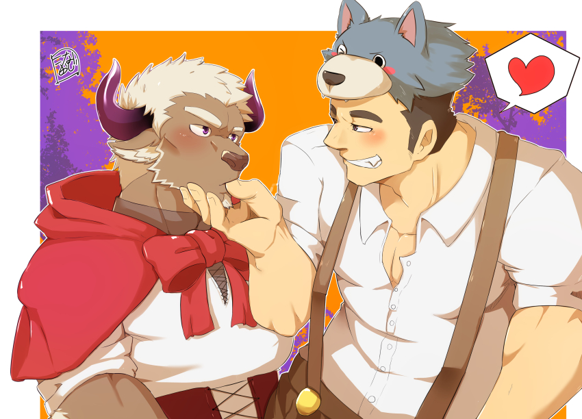 2boys, absurdres, animal_ears, animal_hat, bara, blush, couple, cow_ears