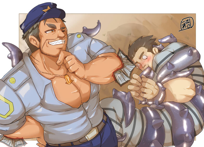 2boys, alternate_costume, bara, blank_eyes, bound, bound_arms, dagon_(housamo), dark-skinned_male