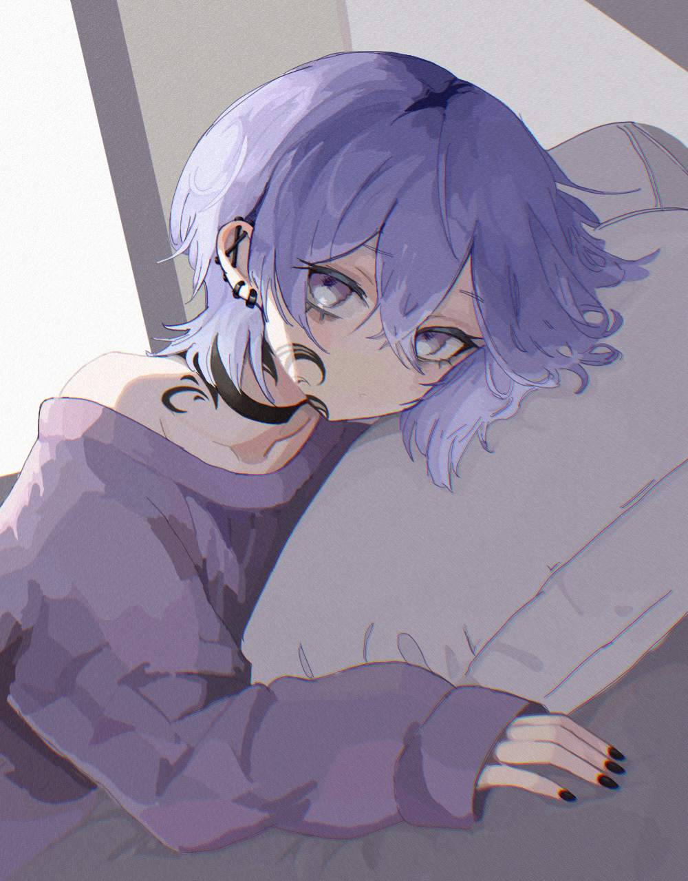 1girl, bedroom, black_choker, black_nails, choker, chromatic_aberration, collarbone, d4dj
