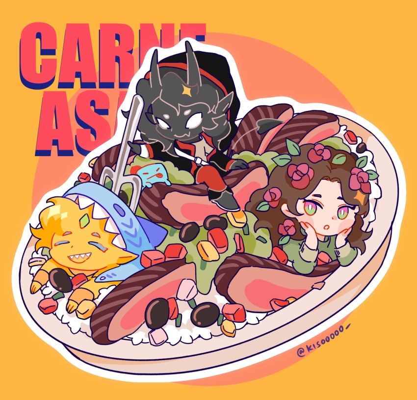 1girl, 3boys, badboyhalo, black_skin, brown_hair, carne_asada, chibi, chibi_only