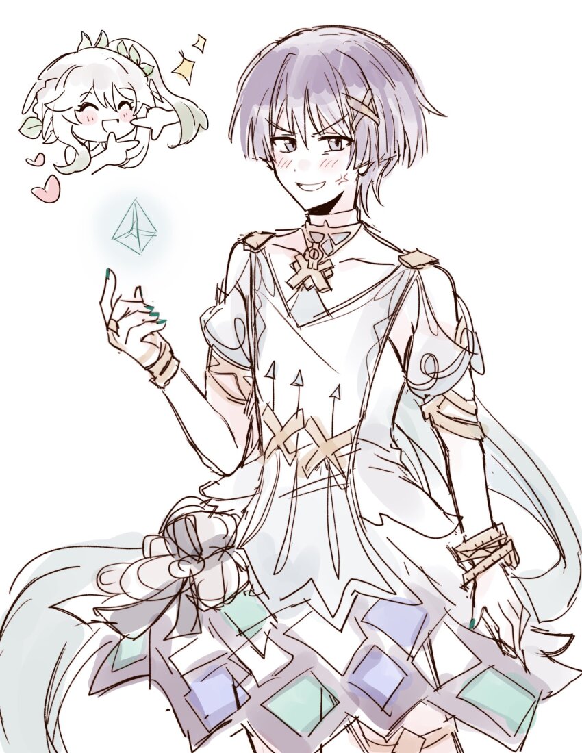 1boy, 1girl, anger_vein, aqua_nails, arrow_print, blunt_ends, bracelet, braid