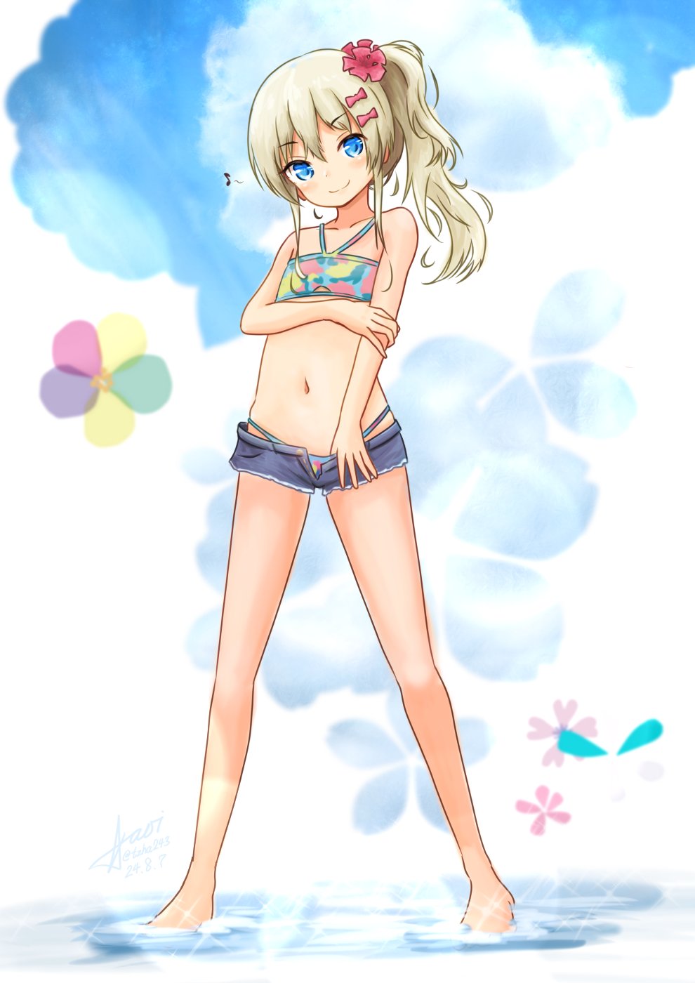 1girl, aaoi, bikini, blonde_hair, blue_bikini, blue_eyes, blue_shorts, blue_sky, cloud, cutoffs, denim, denim_shorts, flower, full_body, grecale_(kancolle), grecale_(swimsuit)_(kancolle), hair_ornament, hairclip, halterneck, highres, kantai_collection, long_hair, navel, shorts, side_ponytail, sky, smile, solo, standing, swimsuit