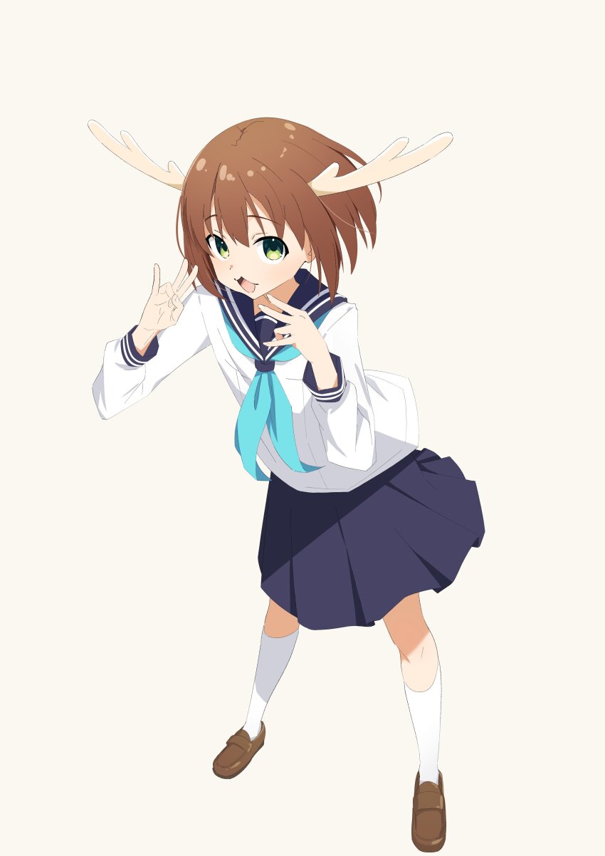 1girl, :3, absurdres, antlers, blue_neckerchief, blue_sailor_collar, blue_skirt, brown_hair