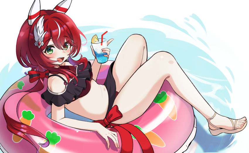1girl, absurdres, alternate_costume, animal_ears, bikini, blush, breasts, cup, full_body, green_eyes, hair_between_eyes, hair_ornament, highres, horse_girl, innertube, looking_at_viewer, low_twintails, modi, navel, open_mouth, red_hair, ribbon, simple_background, small_breasts, solo, swim_ring, swimsuit, twintails, umamusume, win_variation_(umamusume)