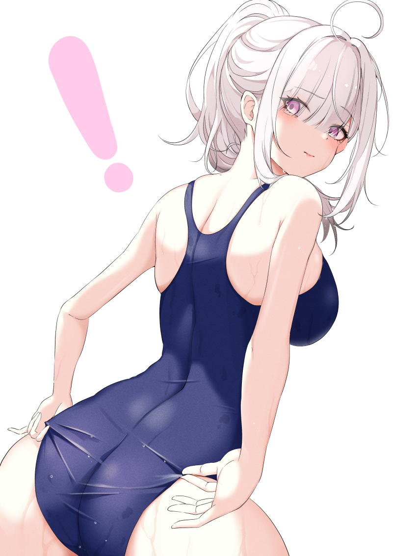 !, 1girl, absurdres, adjusting_clothes, adjusting_swimsuit, ahoge, ass, back, bare_arms, bare_shoulders, blue_one-piece_swimsuit, blush, breasts, closed_mouth, commentary, grey_hair, hair_over_one_eye, high_ponytail, highres, large_breasts, long_hair, looking_back, median_furrow, mole, mole_under_eye, nijisanji, one-piece_swimsuit, pink_eyes, pink_lips, ponytail, simple_background, solo, sukoya_kana, swimsuit, virtual_youtuber, wet, wet_clothes, wet_hair, wet_swimsuit, white_background, yunon_oto_mad