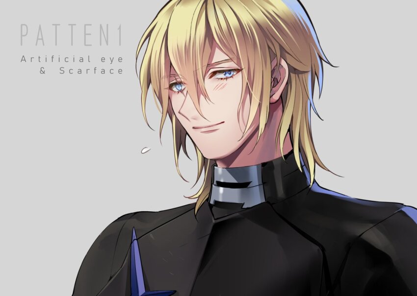1boy, armor, artificial_eye, black_armor, blonde_hair, blue_eyes, blush, closed_mouth