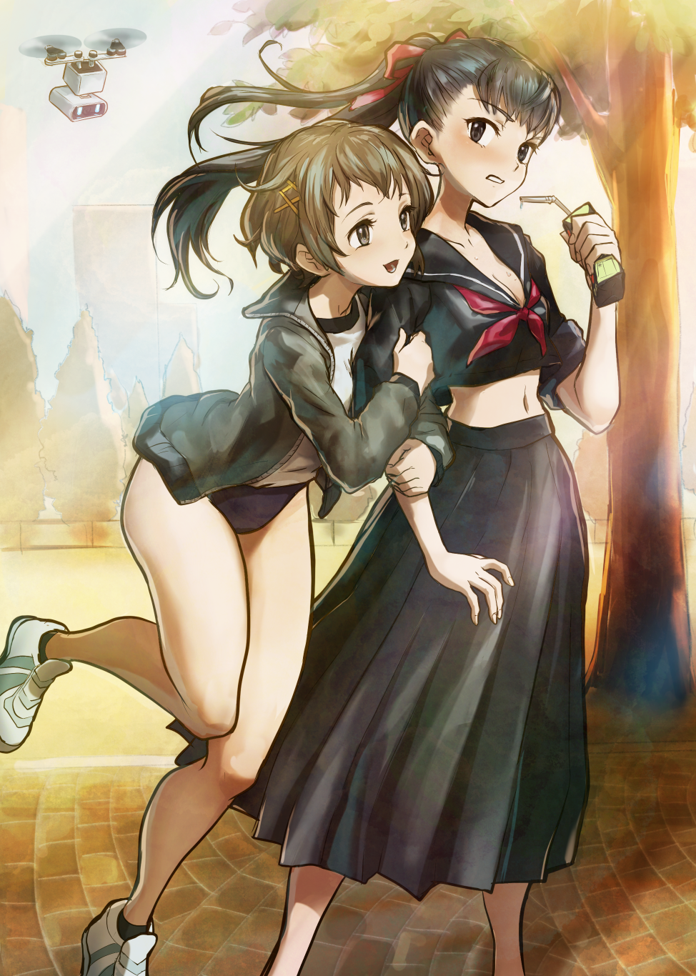 2girls, arm_hug, bj_(juusan_kihei_bouei_ken), black_hair, black_sailor_collar, black_serafuku, black_shirt, black_skirt