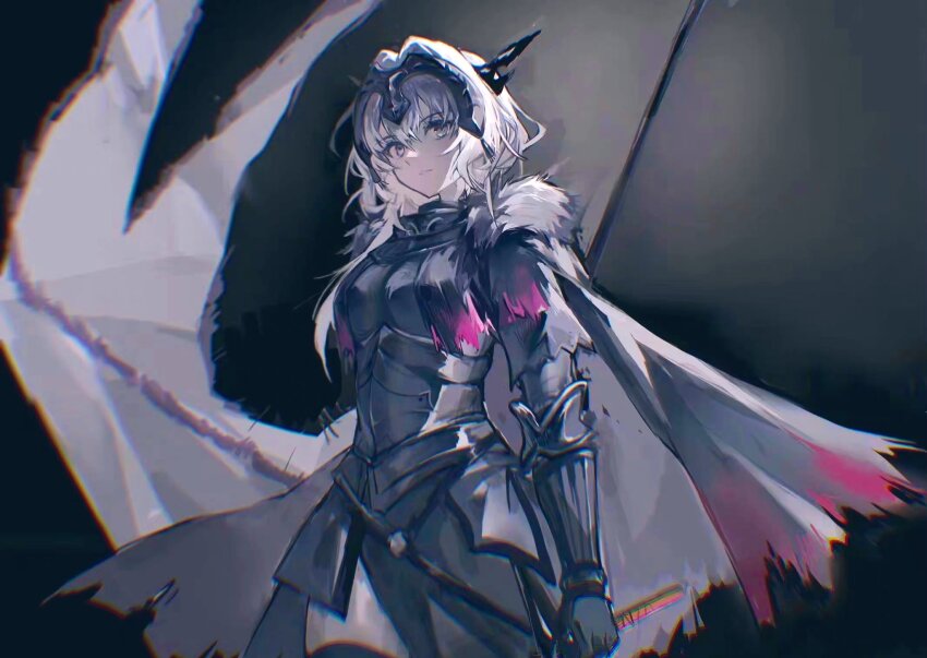 1girl, armor, armored_dress, black_background, black_cape, black_dress, black_fur, black_gloves