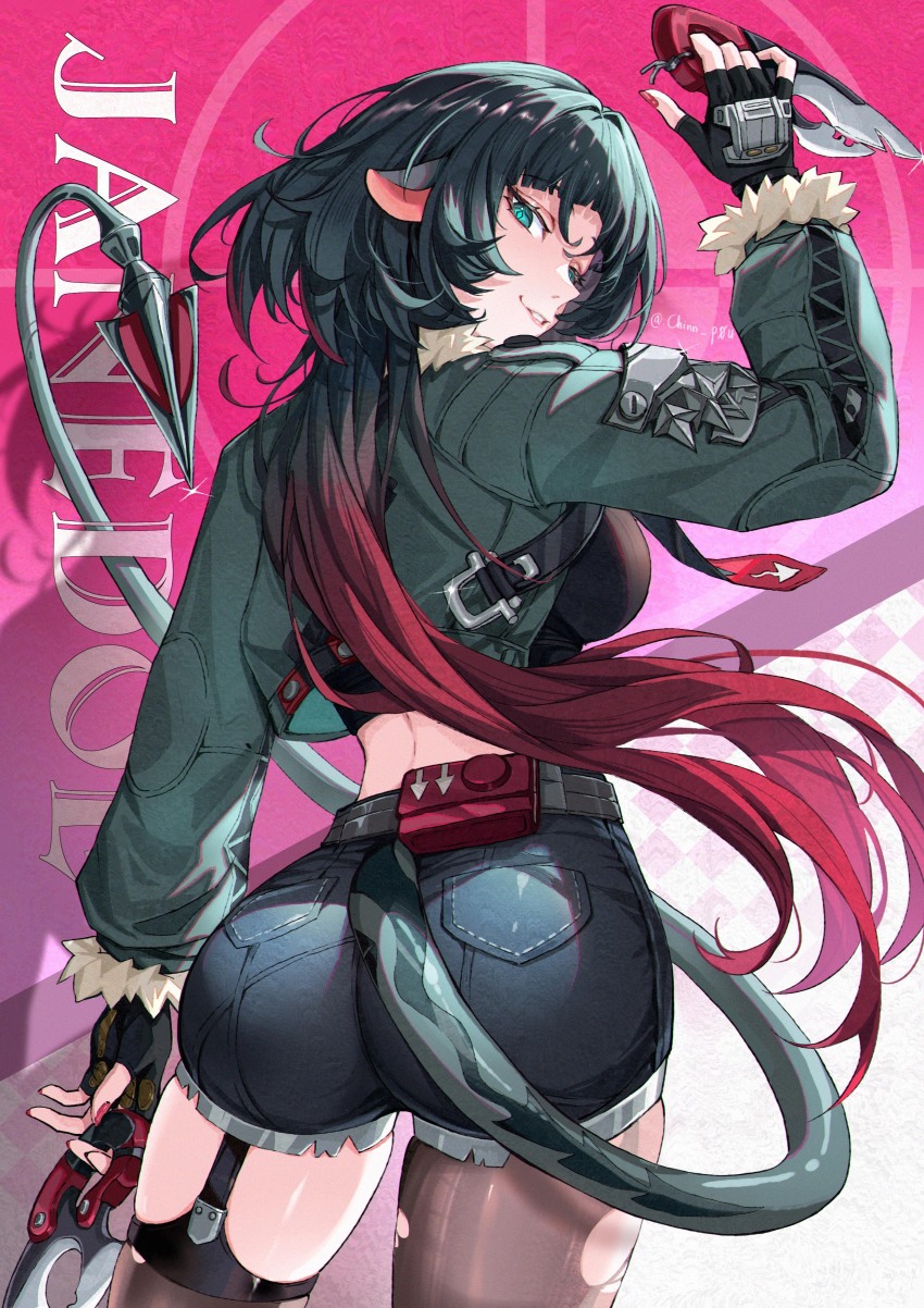 1girl, absurdres, animal_ears, arm_up, ass, black_hair, character_name, chinnpou, cowboy_shot, crop_top, cropped_jacket, green_eyes, grey_jacket, grin, highres, holding, holding_knife, holding_weapon, jacket, jane_doe_(zenless_zone_zero), knife, long_hair, looking_at_viewer, midriff, short_shorts, shorts, smile, solo, standing, tail, thighs, very_long_hair, weapon, zenless_zone_zero