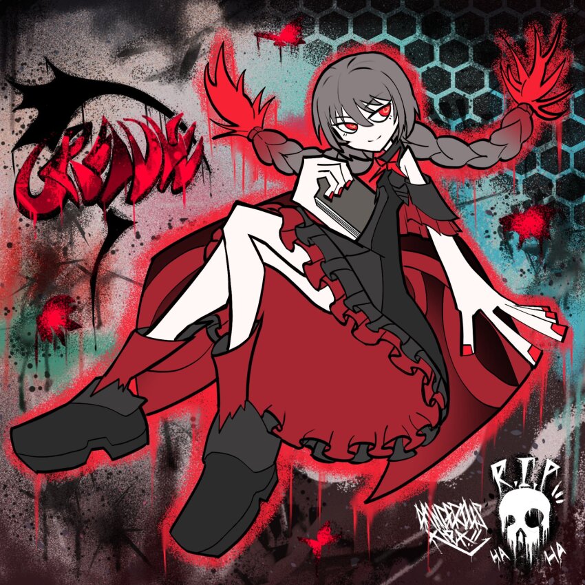 1girl, artist_logo, black_dress, book, braid, brown_hair, cradle_(pgr), detached_sleeves