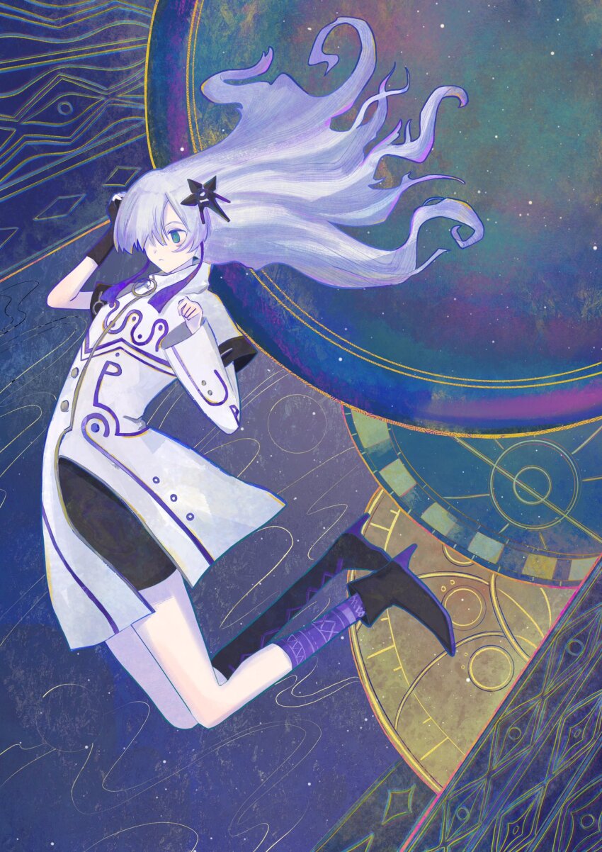 1girl, abstract_background, ankle_boots, aqua_eyes, asymmetrical_footwear, asymmetrical_sleeves, black_boots, black_gloves