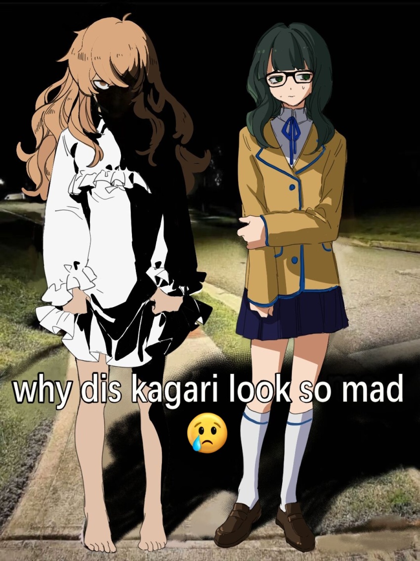 2girls, averting_eyes, bare_arms, bare_legs, black_hair, black_rock_shooter, black_skirt, brown_hair