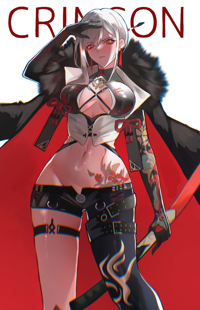 1girl, alpha:_crimson_weave_(pgr), alpha:_crimson_weave_(tsubaki)_(pgr), alpha_(pgr), arm_up, asymmetrical_clothes, belt, black_belt