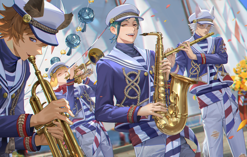 4boys, animal_ears, blonde_hair, blue_eyes, blue_hair, blue_jacket, brown_hair, commentary_request