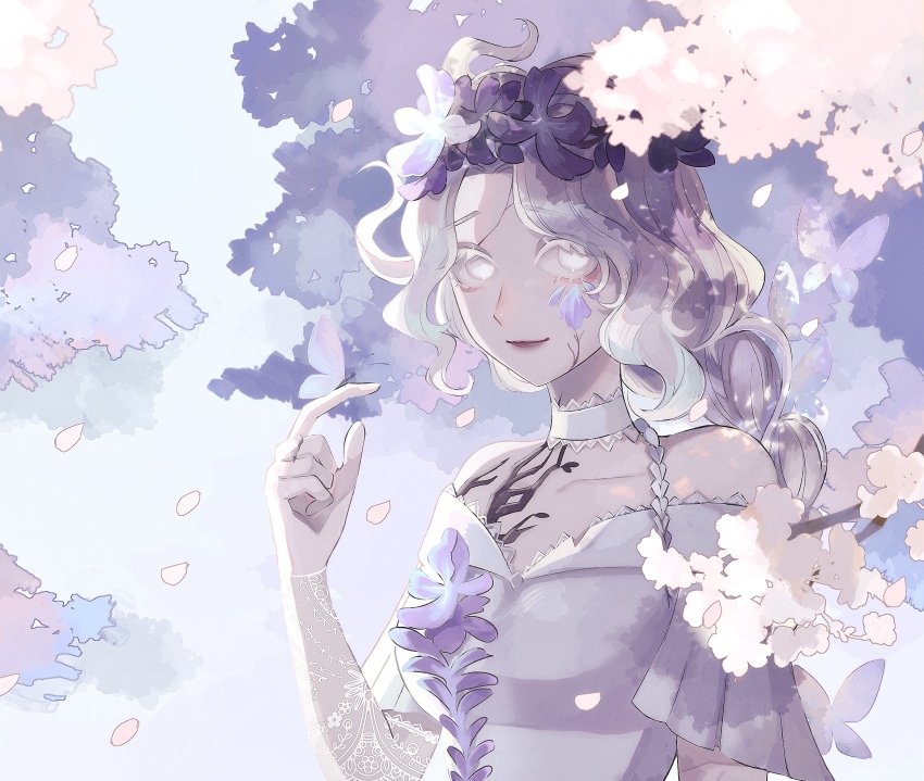 1girl, bare_shoulders, braid, breasts, bug, butterfly, cherry_blossoms, crack