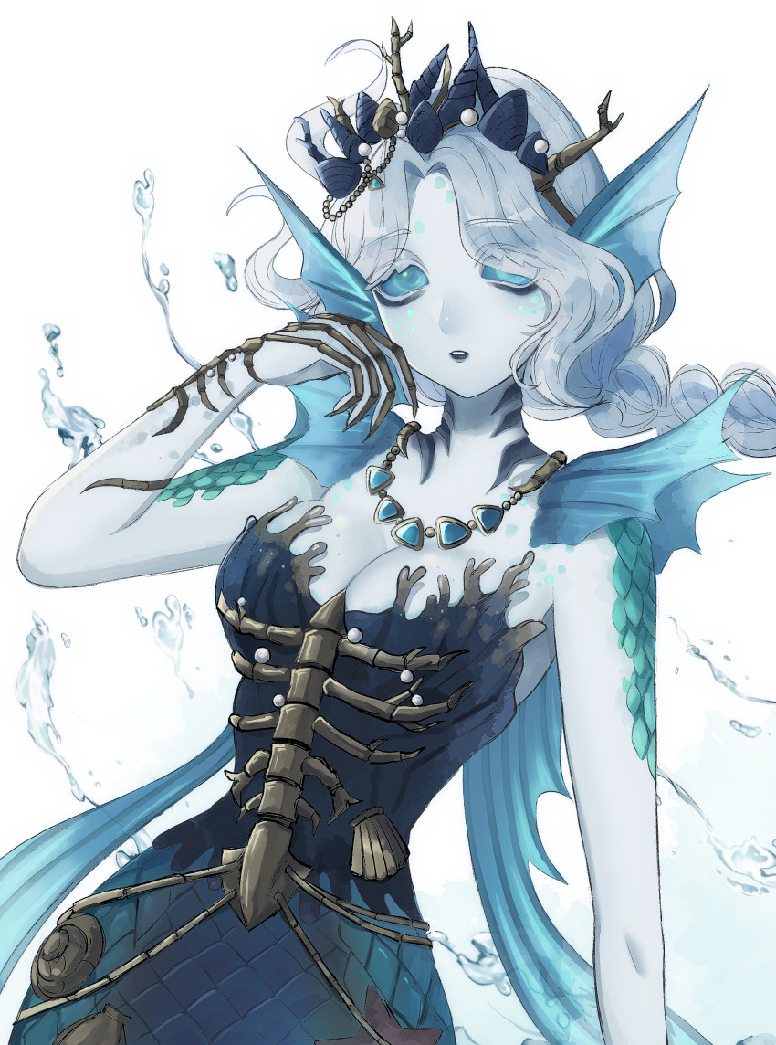 1girl, absurdres, blue_sclera, bone, braid, breasts, cleavage, colored_sclera, eyeshadow, fins, freckles, grace_(halberd_of_silence)_(identity_v), grace_(identity_v), green_scales, grey_hair, hair_ornament, hand_up, head_fins, highres, identity_v, jewelry, looking_at_viewer, makeup, mermaid, monster_girl, necklace, shell, shell_hair_ornament, simple_background, small_breasts, tsuki_idv, water, white_background