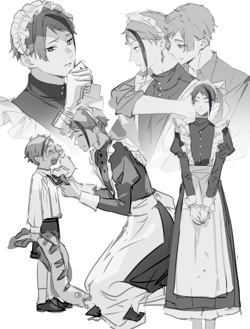 aged_down, apron, brothers, child, commentary_request, crying, dress, facing_another, floyd_leech, full_body, gomchichimoe, greyscale, heterochromia, highres, holding, holding_stuffed_toy, incest, jade_leech, juliet_sleeves, kneeling, long_sleeves, looking_at_viewer, maid, maid_apron, maid_headdress, monochrome, puffy_sleeves, short_hair, shorts, siblings, simple_background, stuffed_animal, stuffed_toy, twisted_wonderland, tying_necktie, white_background, yaoi