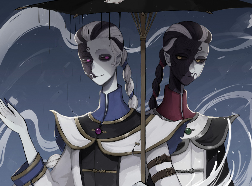 2boys, black_hair, black_sclera, black_skin, braid, colored_sclera, colored_skin, fan_wujiu