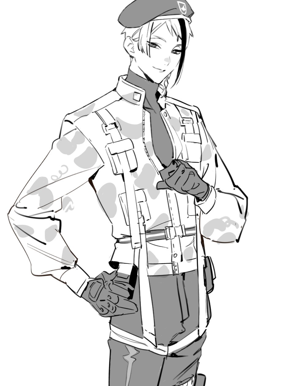 1boy, beret, camouflage, camouflage_jacket, commentary_request, cowboy_shot, gloves, gomchichimoe