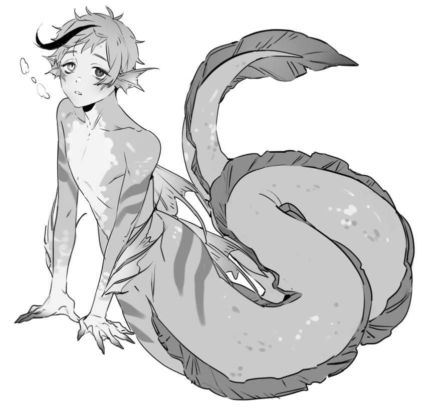 1boy, aged_down, air_bubble, bubble, child, claws, commentary_request, eel_boy, fins, floyd_leech, floyd_leech_(eel), full_body, gomchichimoe, greyscale, head_fins, korean_commentary, looking_at_viewer, male_focus, monochrome, monster_boy, parted_lips, short_hair, simple_background, solo, twisted_wonderland, webbed_hands, white_background