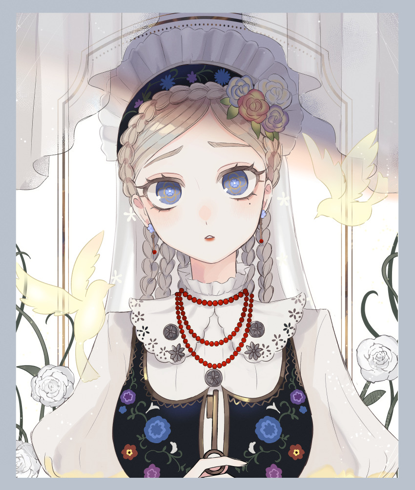 1girl, absurdres, bead_necklace, beads, bird, blue_eyes, border, braid, floral_print, flower, grey_border, hair_flower, hair_ornament, hat, highres, holding, holding_key, identity_v, jewelry, key, long_hair, looking_at_viewer, necklace, puffy_sleeves, solo, tsuki_idv, upper_body, vera_nair, vera_nair_(judith_the_dove), white_hat