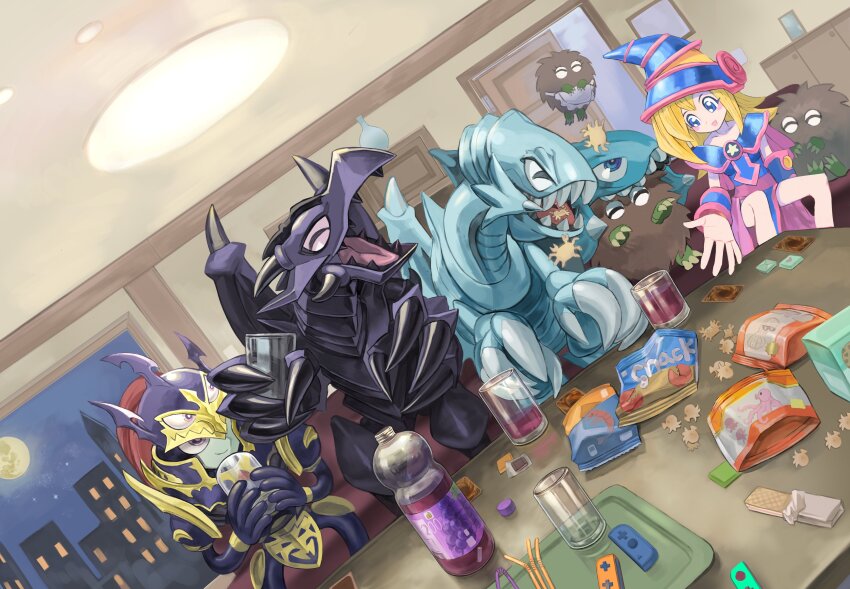 absurdres, armor, black_luster_soldier, blonde_hair, blue-eyes_toon_dragon, blue-eyes_white_dragon, closed_eyes, dark_magician_girl, dragon, eating, floating, game_controller, highres, joy-con, kuriboh, red-eyes_black_dragon, red-eyes_toon_dragon, sharp_teeth, teeth, toon_black_luster_soldier, toon_dark_magician_girl, yu-gi-oh!