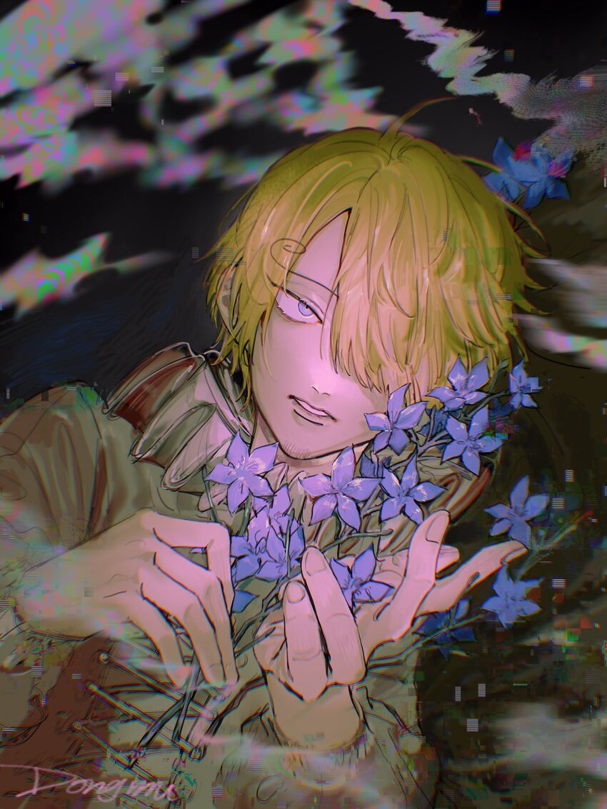 1boy, alternate_costume, bishounen, blonde_hair, blue_eyes, blue_flower, collar, commentary