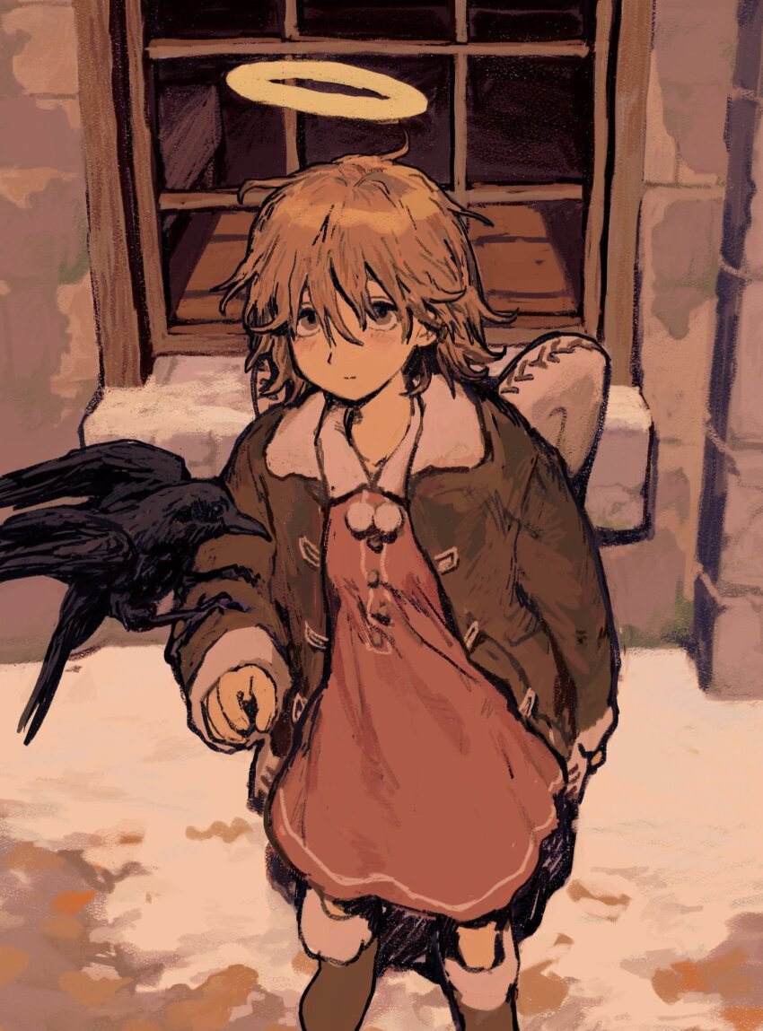 1girl, animal_on_arm, bird, bird_on_arm, black_bird, blush, boots, brown_boots