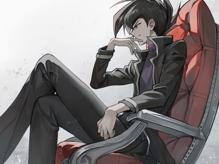 1boy, black_coat, black_hair, black_pants, cerakuro, chair, coat, crossed_legs