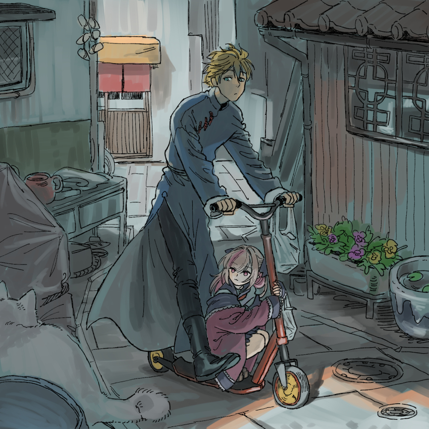 1boy, 1girl, alley, architecture, bag, black_footwear, black_pants, blonde_hair