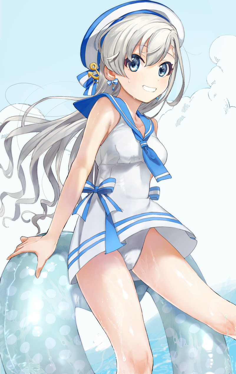 blue_bow, blue_eyes, blue_neckerchief, blue_sailor_collar, blush, bow, breasts, cloud