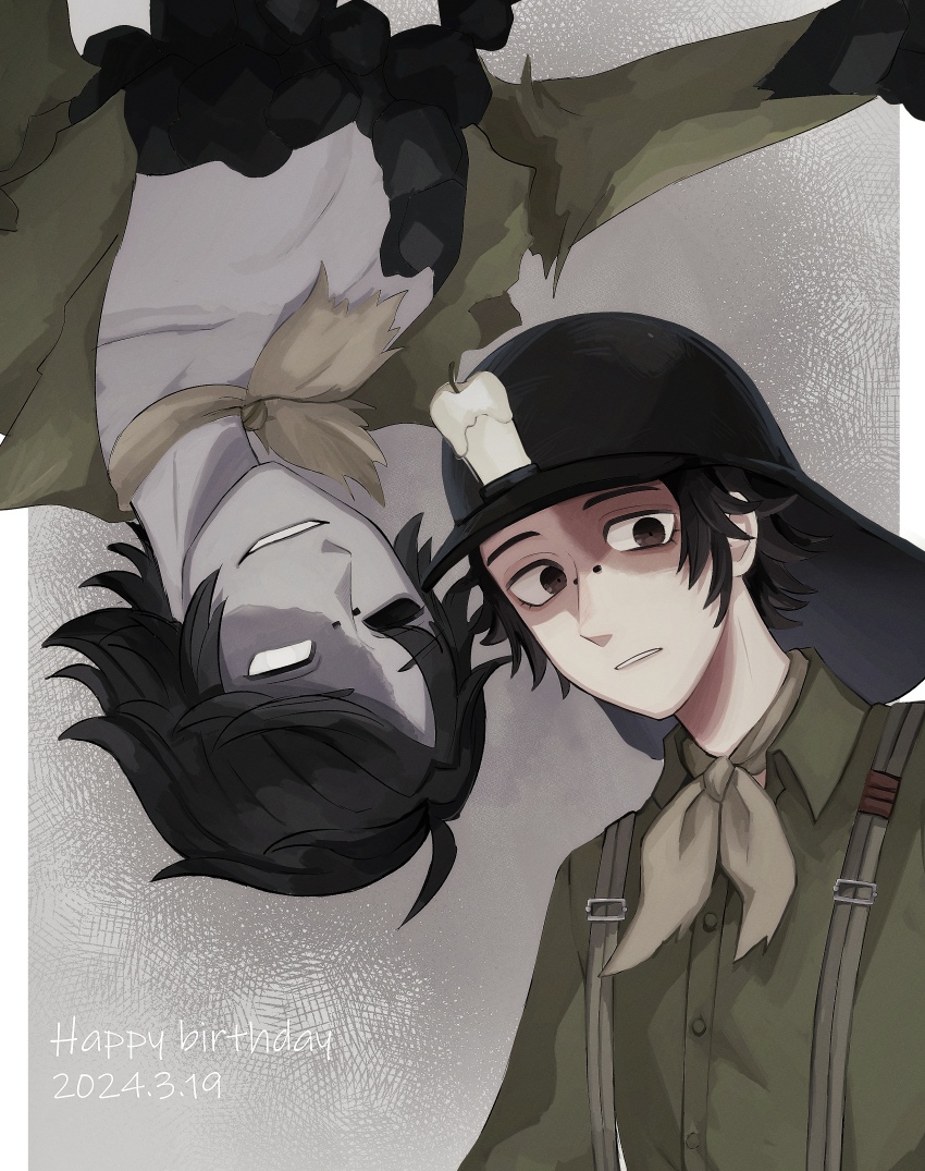 1boy, absurdres, black_hat, brown_eyes, brown_neckerchief, candle, colored_skin, dated