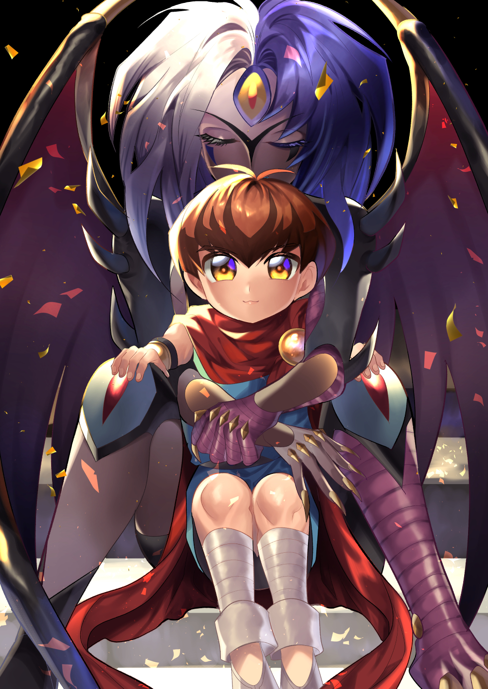 1boy, 1other, brown_hair, cape, child, closed_eyes, colored_sclera, confetti
