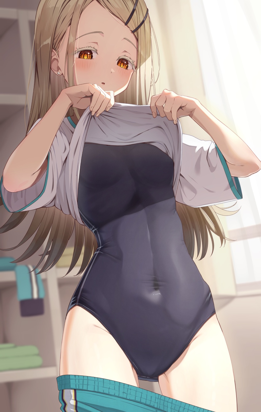 1girl, absurdres, black_one-piece_swimsuit, clothes_lift, clothes_pull, covered_navel, gakuen_idolmaster, green_pants