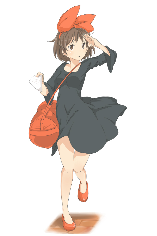 1980s_(style), 1girl, artistic_error, bag, black_dress, bow, brown_eyes, brown_hair