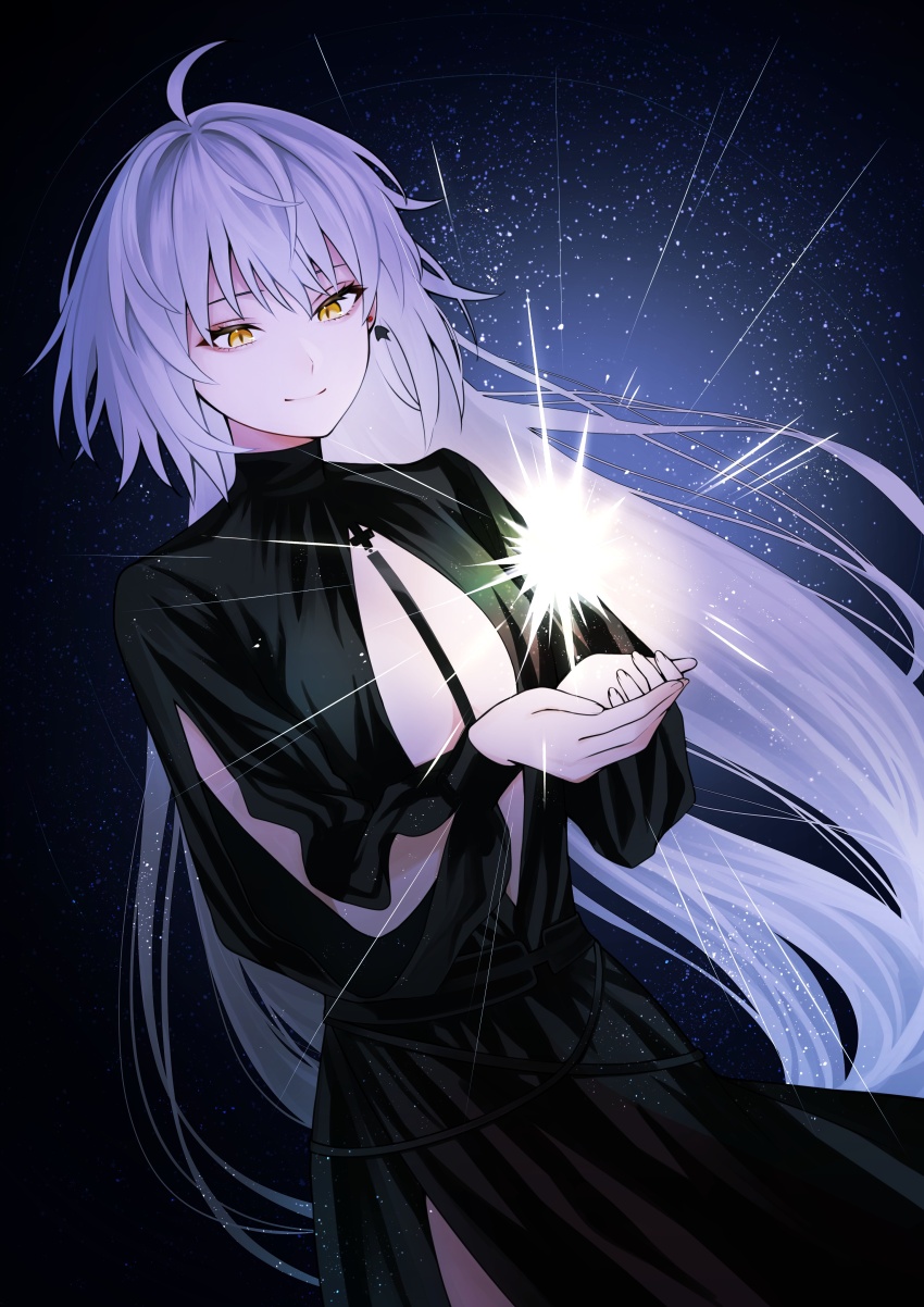 1girl, absurdres, ahoge, black_dress, center_opening, closed_mouth, clothing_cutout, commentary_request, dress, fate/grand_order, fate_(series), fjfs522, grey_hair, highres, jeanne_d'arc_alter_(fate), jeanne_d'arc_alter_(flames_of_applause)_(fate), long_hair, official_alternate_costume, smile, solo, very_long_hair, yellow_eyes