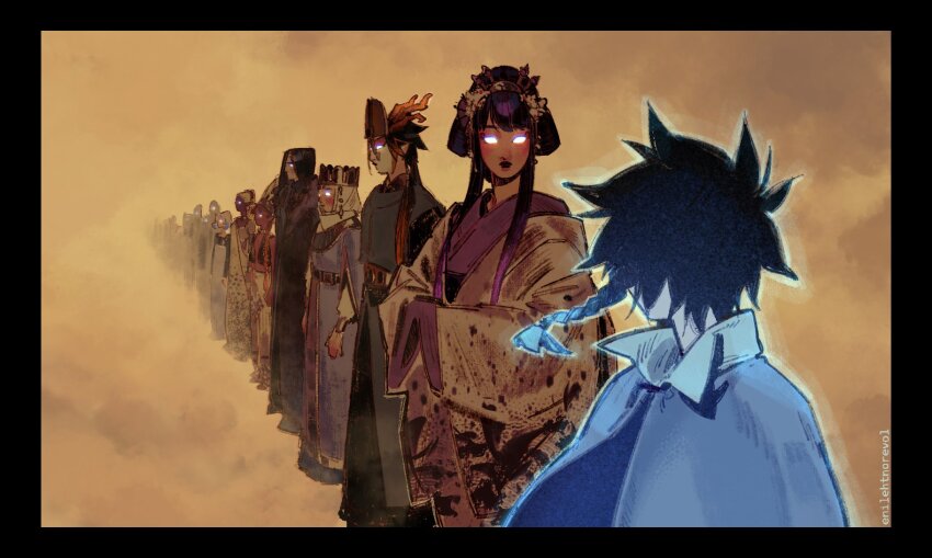 3boys, 5girls, alternate_skin_color, aqua_hair, artist_name, avatar:_the_last_airbender, avatar_legends, black_border, black_hair, blue_dress, border, brown_hair, commentary, crossover, decarabian_(genshin_impact), derivative_work, design_speculation, dragon_horns, dress, english_commentary, enilehtnorevol, focalors_(genshin_impact), furina_(genshin_impact), genshin_impact, glowing, glowing_eyes, gradient_hair, hair_ornament, headscarf, highres, horns, japanese_clothes, kanzashi, kimono, long_hair, makoto_(genshin_impact), multicolored_hair, multiple_boys, multiple_girls, nihongami, purple_hair, purple_kimono, rukkhadevata_(genshin_impact), screenshot_redraw, tsaritsa_(genshin_impact), venti_(genshin_impact), white_facepaint, white_hair, wide_sleeves, xbalanque_(genshin_impact), zhongli_(genshin_impact)