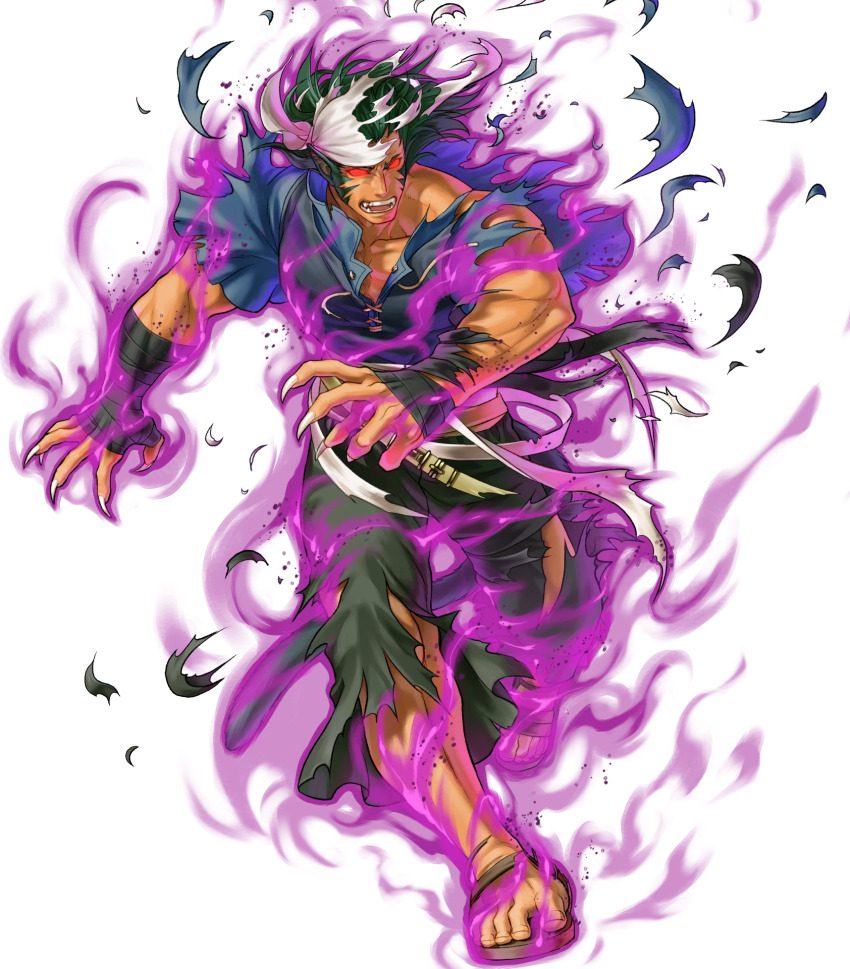 1boy, animal_ears, aura, bandana, claws, dark-skinned_male, dark_aura, dark_skin, fangs, fire_emblem, fire_emblem:_radiant_dawn, fire_emblem_heroes, full_body, glowing, glowing_eyes, green_hair, highres, kita_senri, laguz_(fire_emblem), male_focus, muarim_(fire_emblem), muarim_(raw_instinct)_(fire_emblem), muscular, muscular_male, nintendo, non-web_source, official_art, pectoral_cleavage, pectorals, red_eyes, sandals, solo, tail, tiger_boy, tiger_ears, torn_clothes, transparent_background, white_bandana