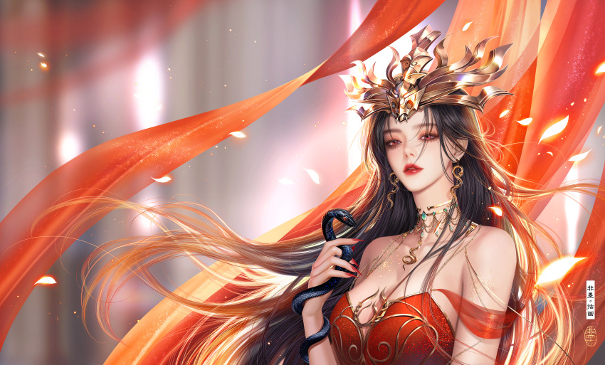 1girl, absurdres, bare_shoulders, black_hair, black_snake, cai_lin_(doupo_cangqiong), chahua_shi_fei_mo, doupo_cangqiong