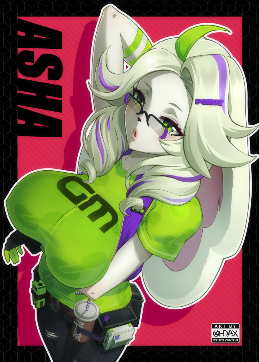 1girl, animal_ears, animal_nose, arm_behind_head, arm_under_breasts, artist_name, asha_(zenless_zone_zero), blonde_hair, blush, breast_lift, breasts, character_name, colored_skin, cowboy_shot, cup, drinking_straw, fingerless_gloves, furry, furry_female, glasses, gloves, green_eyes, green_shirt, highres, huge_breasts, jacket, large_breasts, long_hair, multicolored_hair, ohdax, open_mouth, purple_hair, purple_jacket, rabbit_ears, rabbit_girl, red_background, shirt, signature, solo, two-tone_hair, zenless_zone_zero