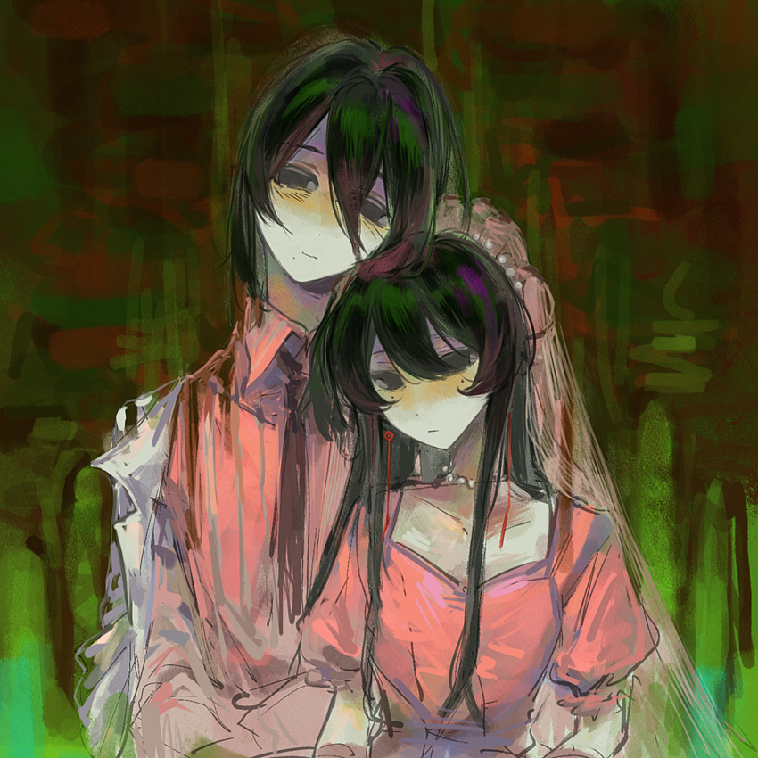 1boy, 1girl, baozaolaoyan, black_hair, black_necktie, bridal_veil, bride, chin_rest