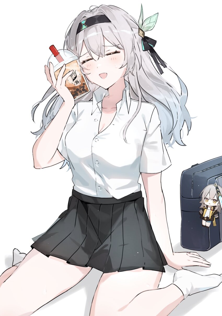 2girls, :d, bag, black_coat, black_skirt, breasts, character_doll, closed_eyes